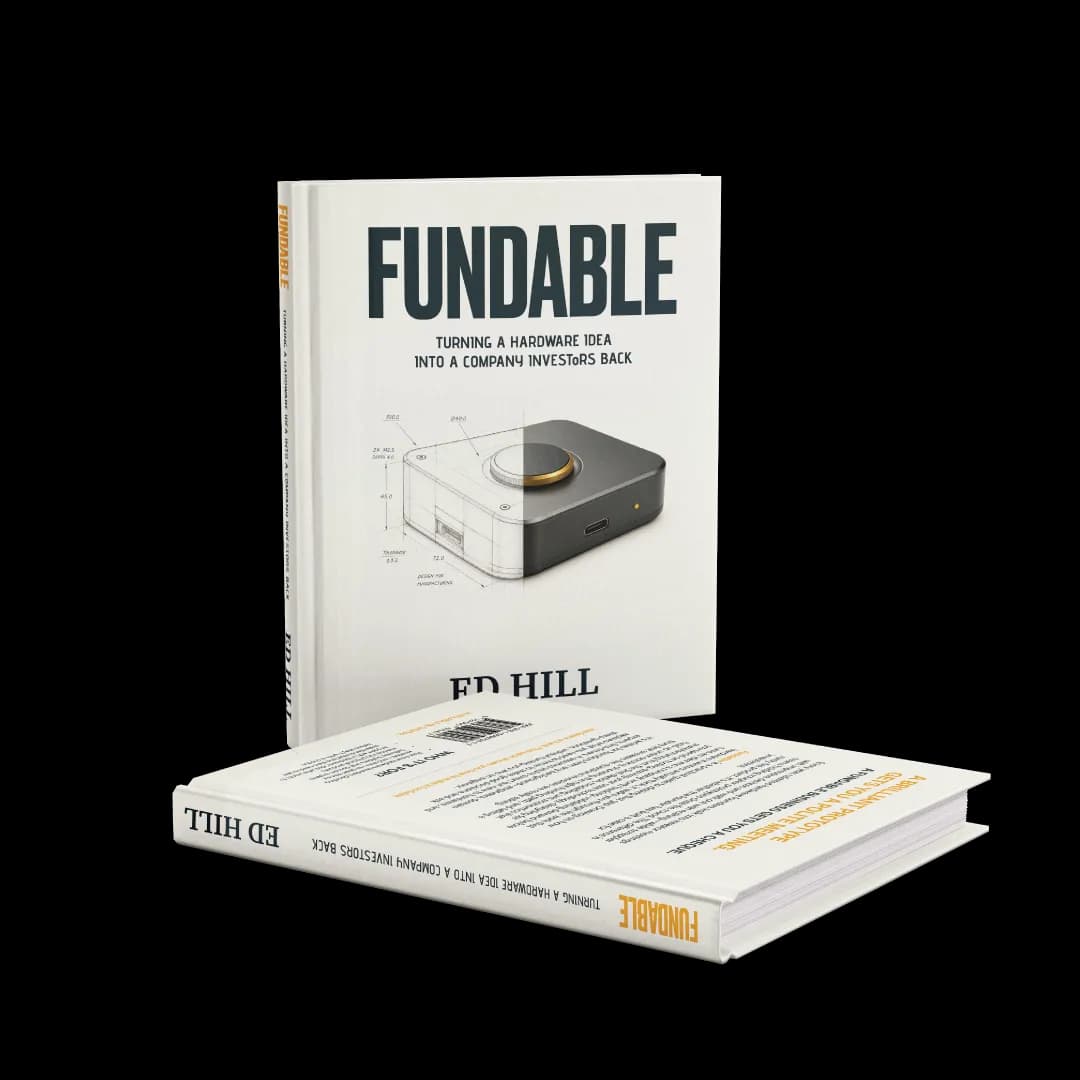 Two copies of the book "Fundable" by Ed Hill are shown, one standing upright and the other lying flat. The cover features a hardware design.