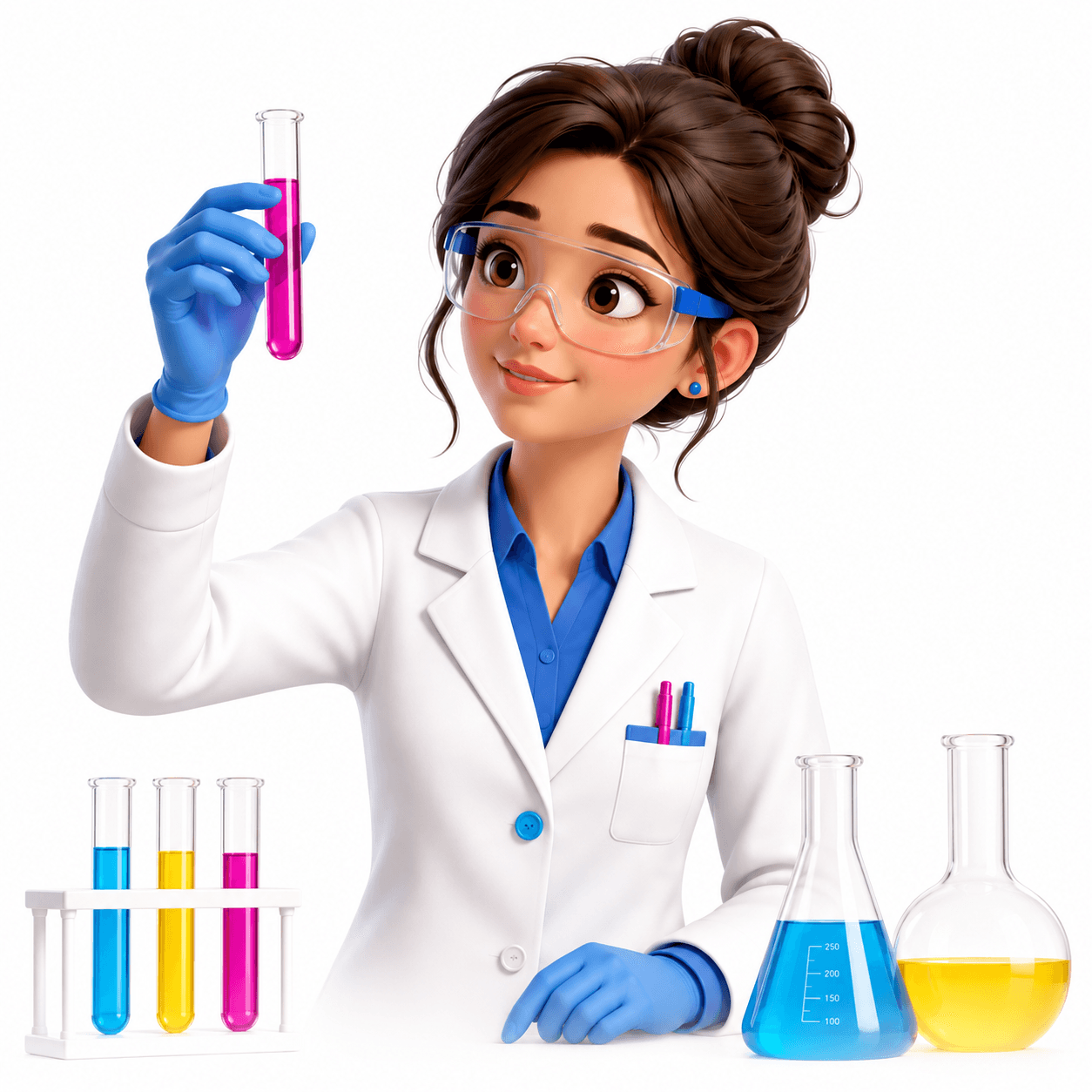 Animated scientist in a lab coat examining a pink liquid in a test tube, with colorful chemicals in the background.